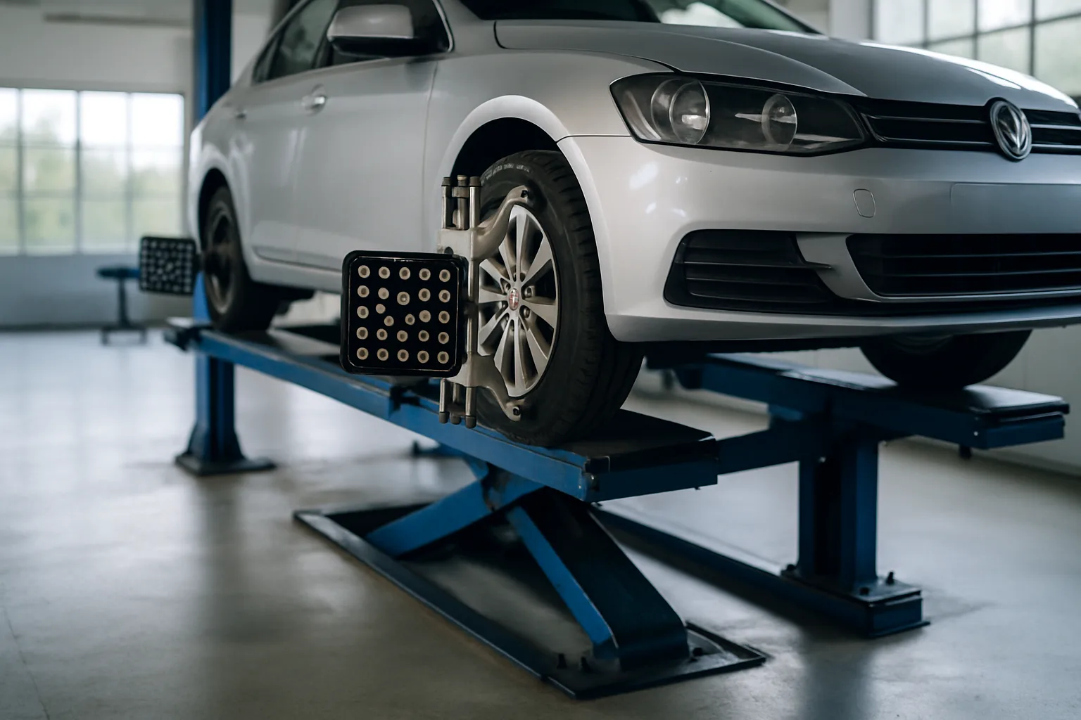 Vehicle on lift for tire alignment service